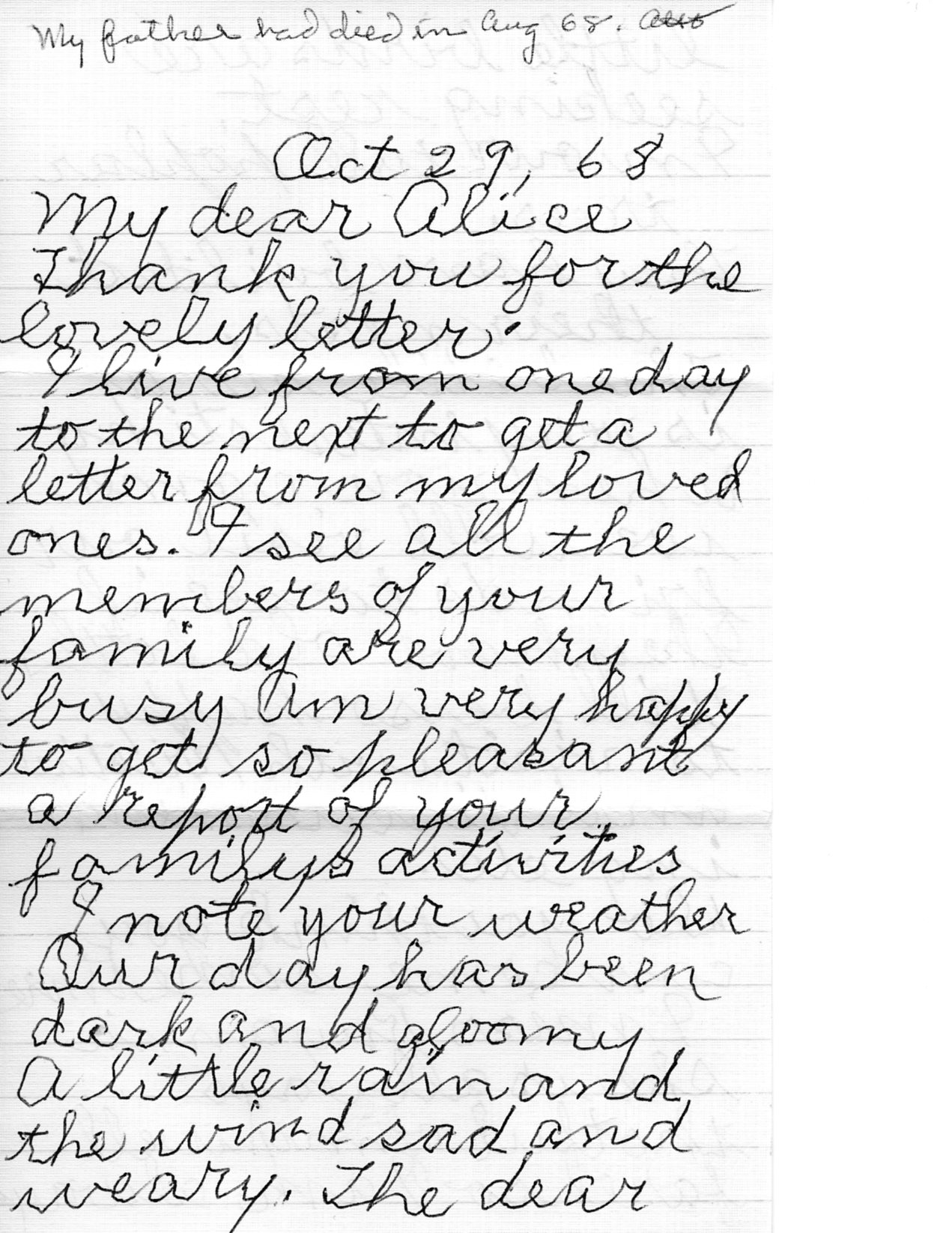 Letter from Lottie to Alice 29 Oct 1968