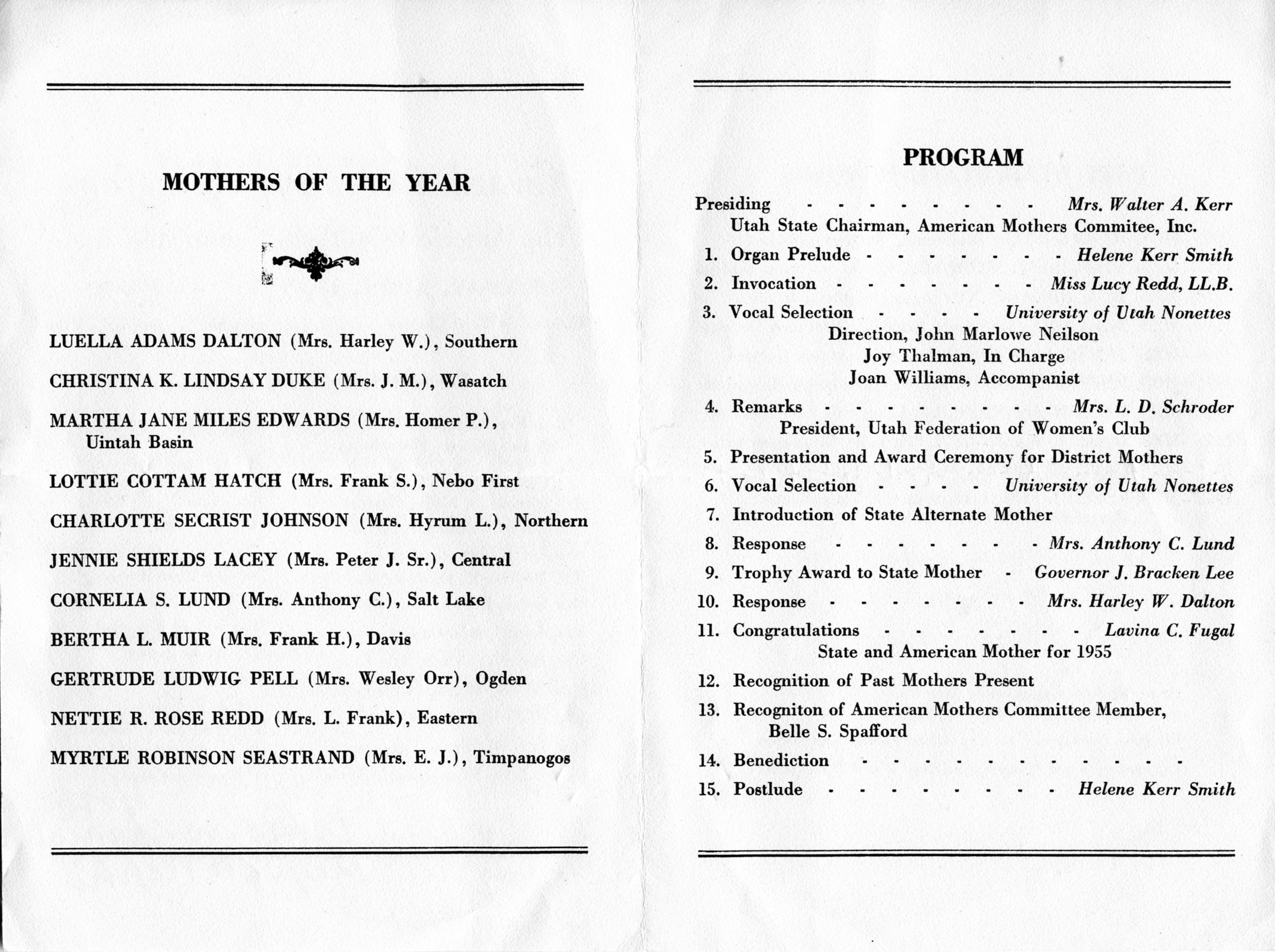 American Mothers Award Ceremony Program