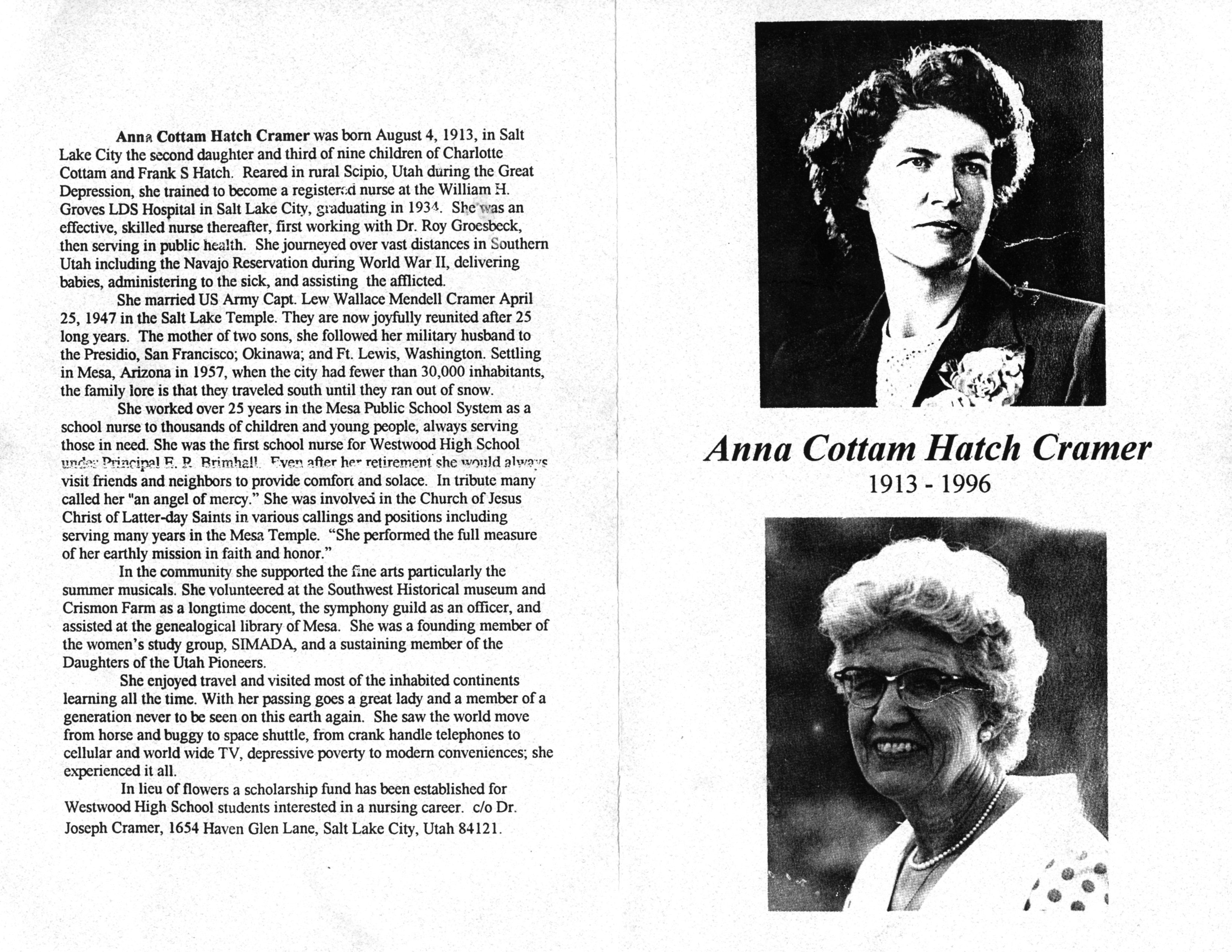 Anna Hatch Cramer funeral program 1996