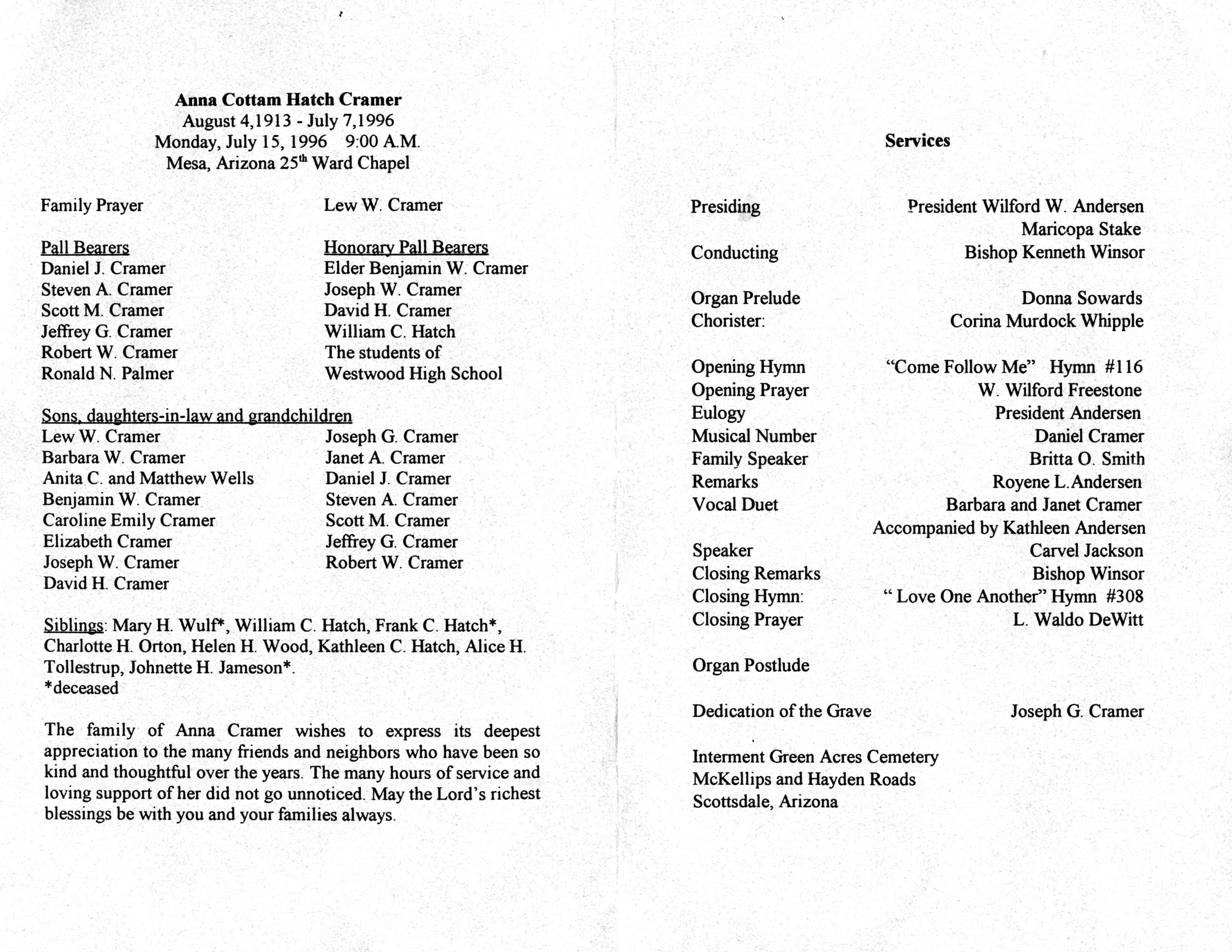 Anna Hatch Cramer funeral program 1996