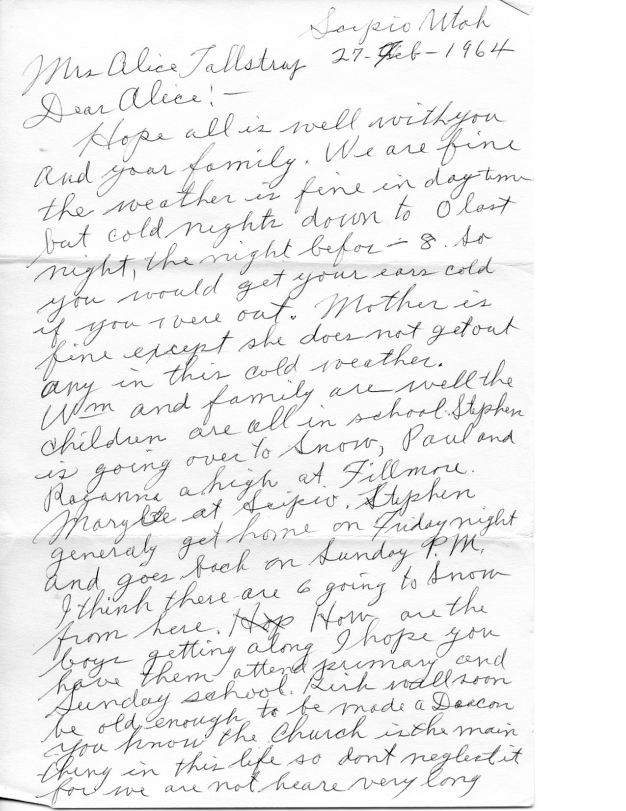 Letter from Frank S Hatch to Alice 27 Feb 1964