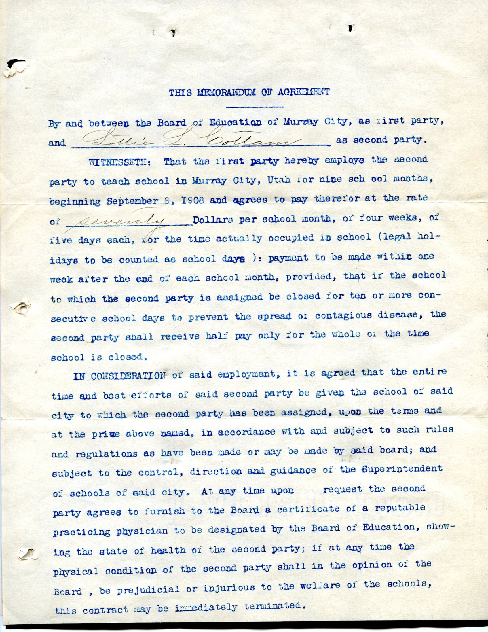 Lottie Cottam contract to teach school in Murray, Utah 1908