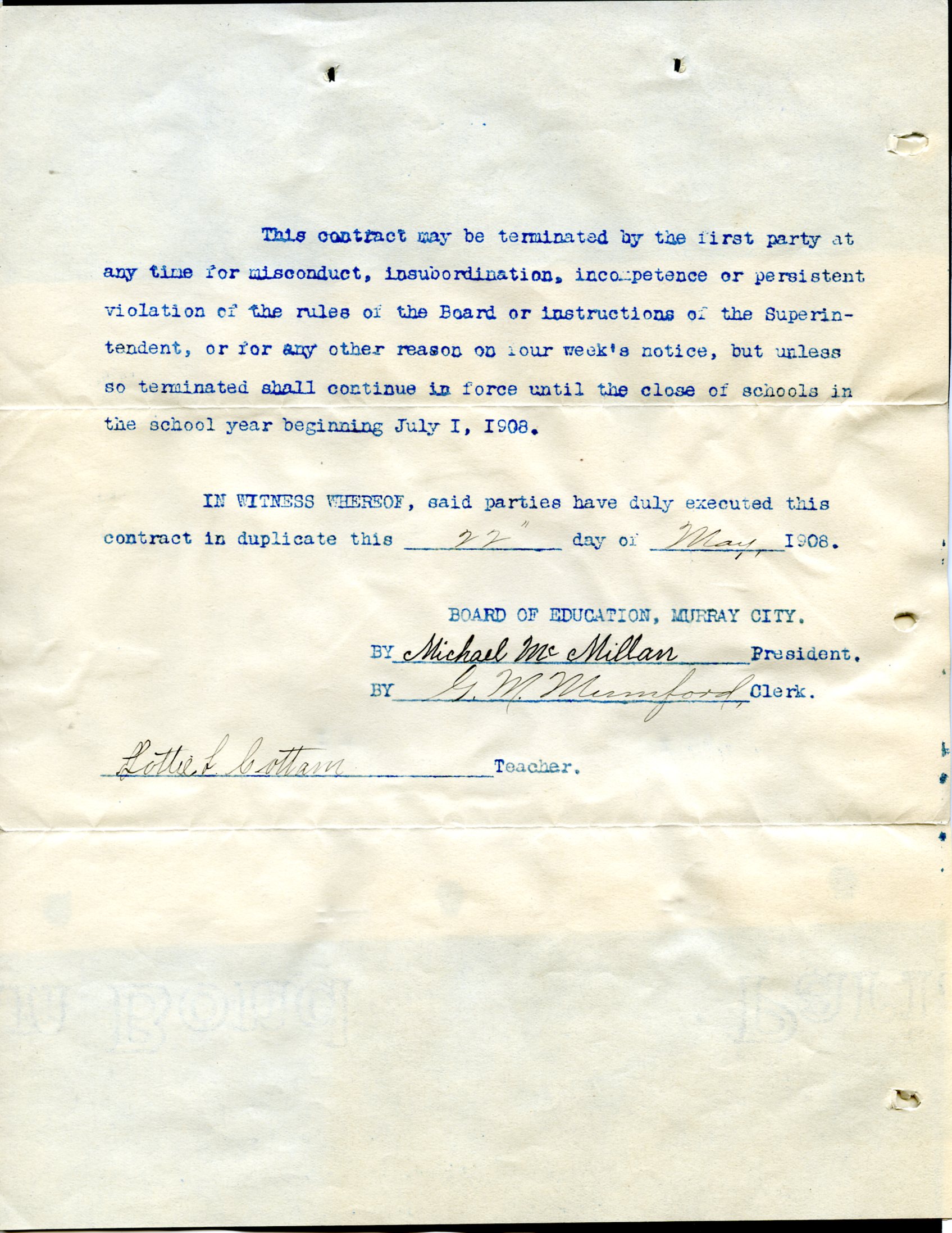 Lottie Cottam contract to teach school in Murray, Utah 1908