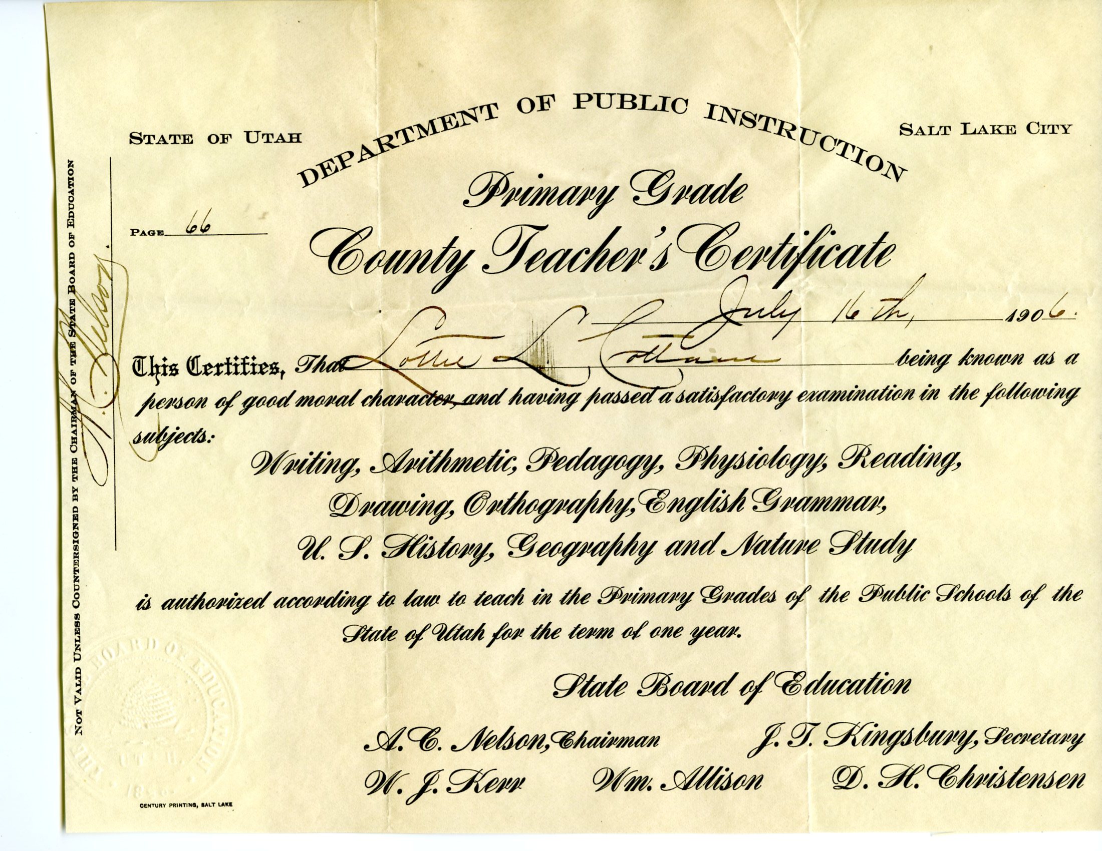 Lottie Cottam teacher certificate 1906-1908