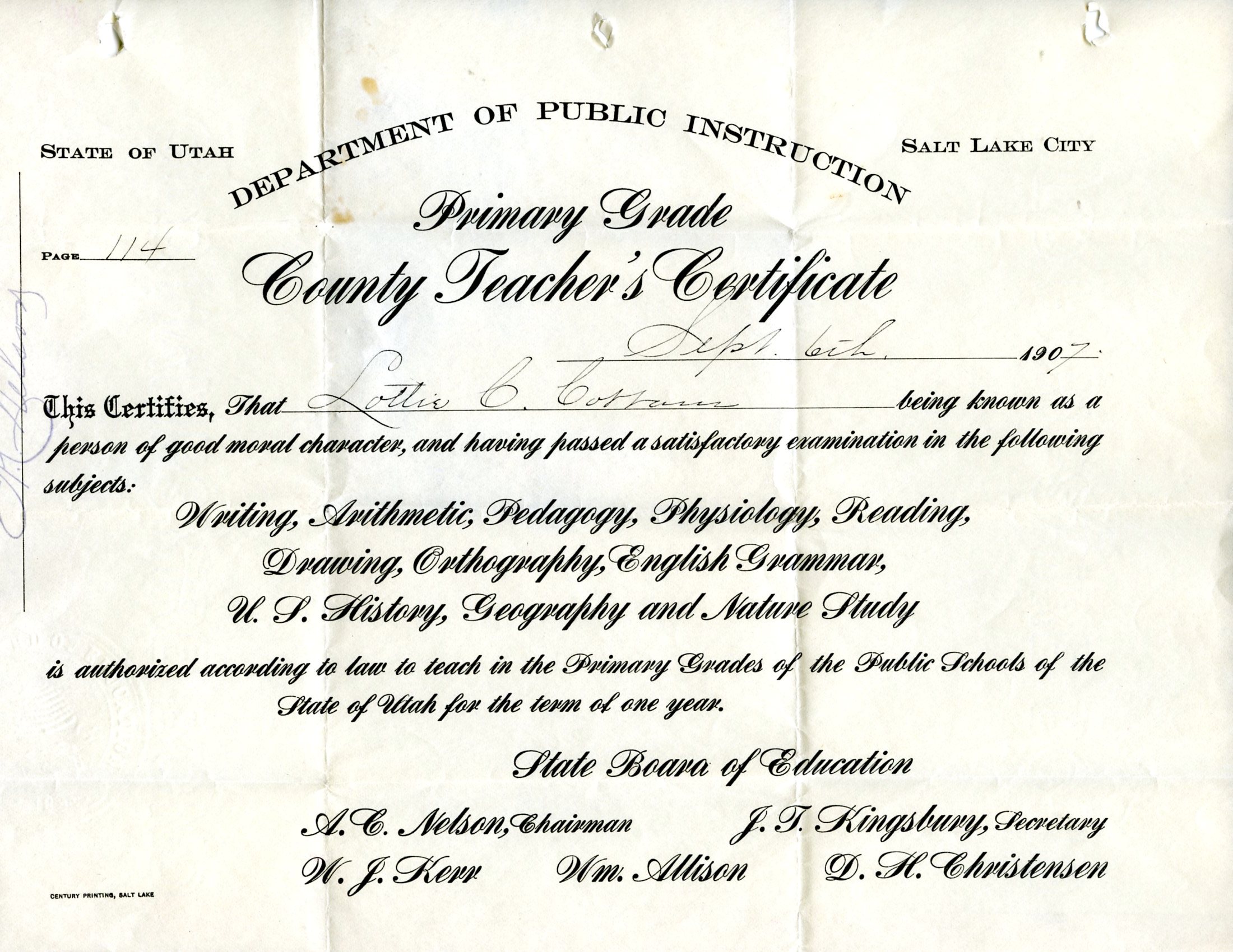 Lottie Cottam teacher certificate 1906-1908