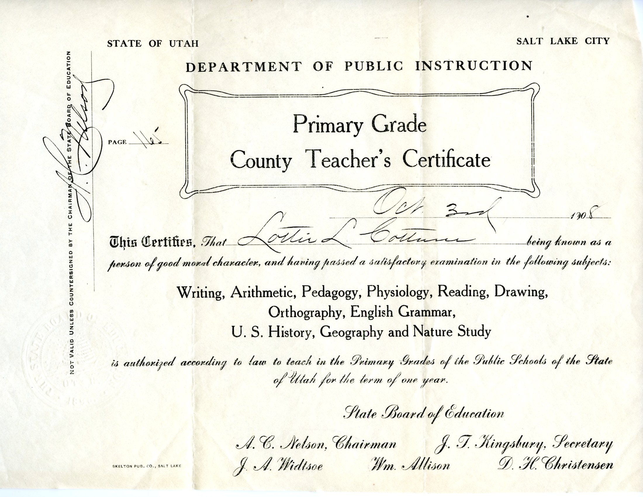 Lottie Cottam teacher certificate 1906-1908