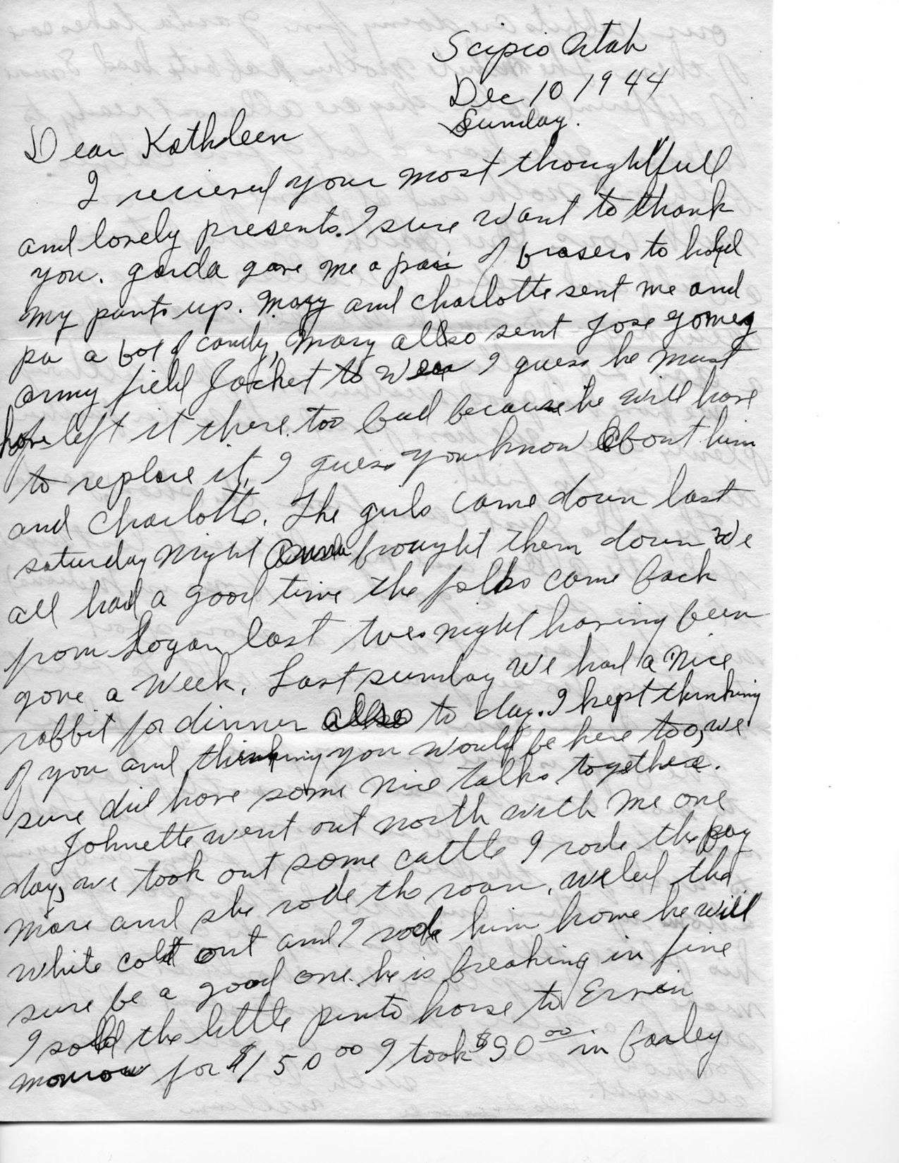 Letter from William to his sister Kathleen 10 Dec 1944